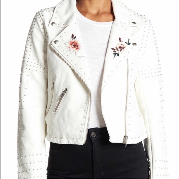 Blank NYC Jackets & Blazers - BLANK NYC Stud Floral Moto Faux Leather Jacket Full Bloom White